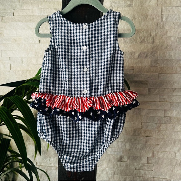 BONNIE JEAN Patriotic Navy Red “Frances Bubble” Seersucker Bubble Outfit - Picture 7 of 7